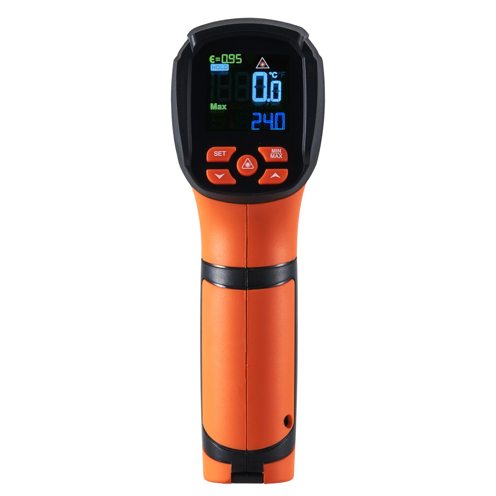 Termómetro infrarrojo VEVOR naranja con pantalla digital y botones de control.