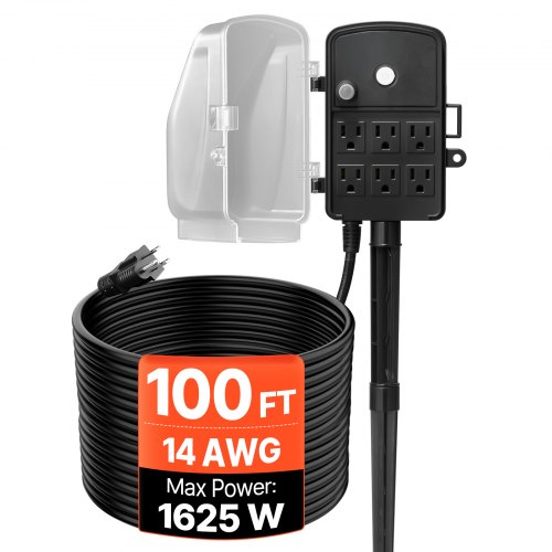 Estaca de enchufes para exteriores VEVOR, cable de extensión de 30 m, resistente a la intemperie, con cubierta y protección contra sobrecargas, 6 tomas de corriente, 13 A/1625 W, estaca de jardín multitoma impermeable para luces navideñas.