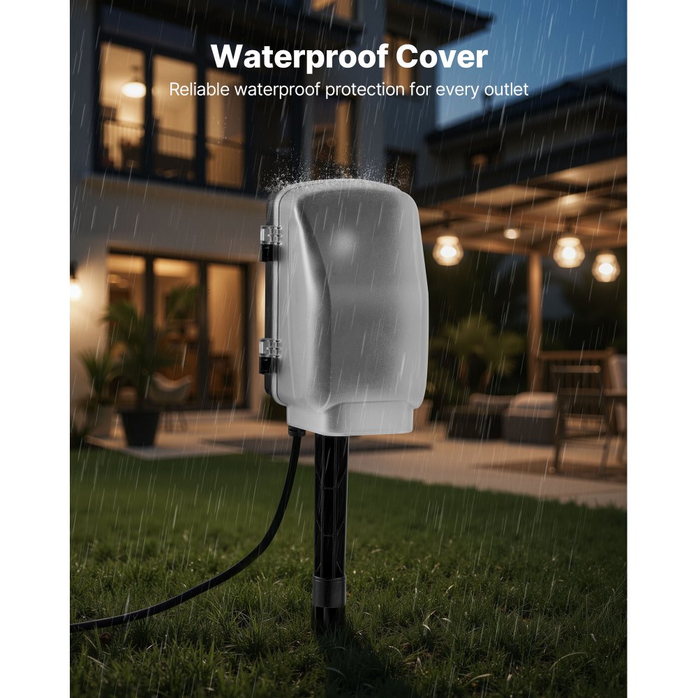 Estaca de enchufes para exteriores VEVOR, cable de extensión de 30 m, resistente a la intemperie, con cubierta y protección contra sobrecargas, 6 tomas de corriente, 13 A/1625 W, estaca de jardín multitoma impermeable para luces navideñas.