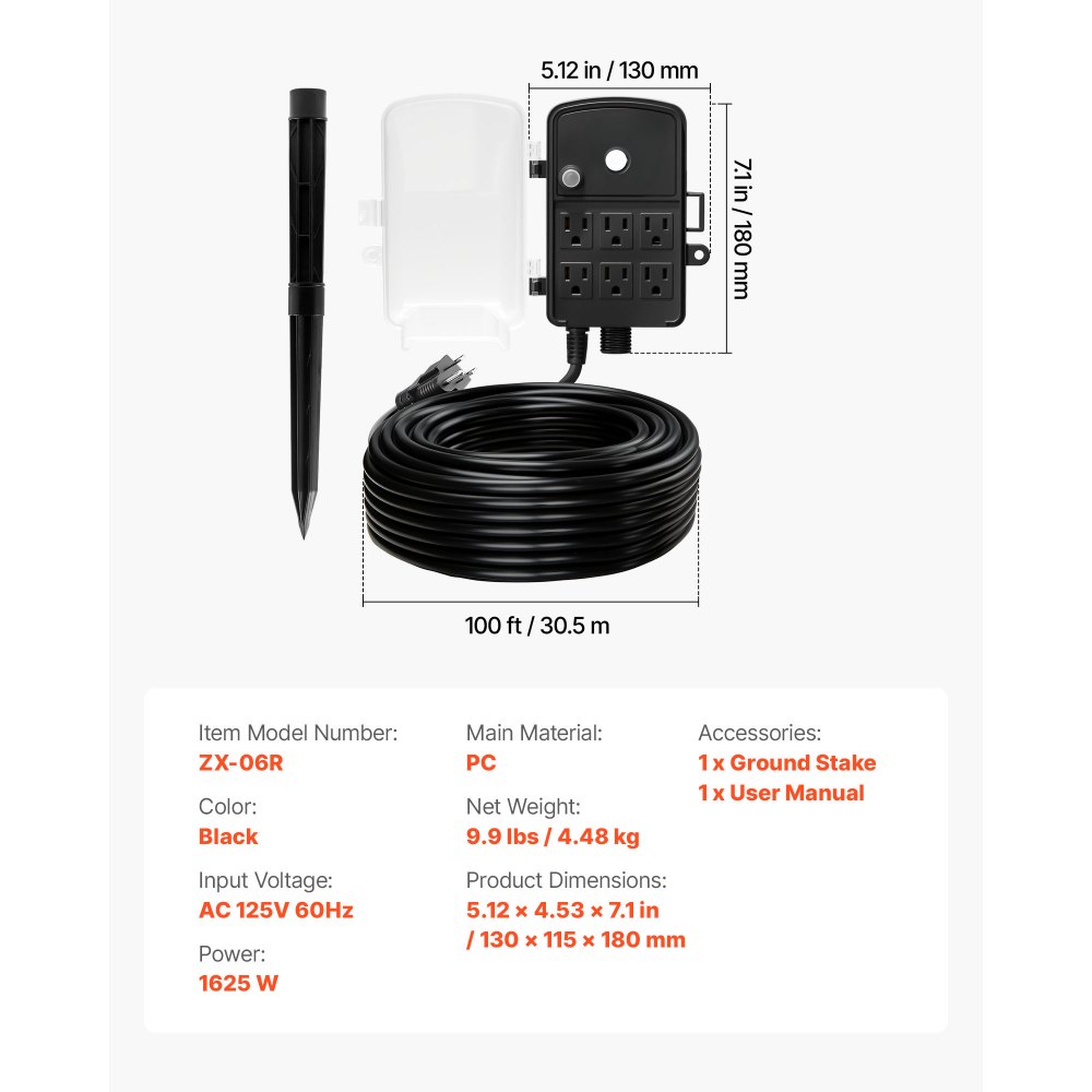 Estaca de enchufes para exteriores VEVOR, cable de extensión de 30 m, resistente a la intemperie, con cubierta y protección contra sobrecargas, 6 tomas de corriente, 13 A/1625 W, estaca de jardín multitoma impermeable para luces navideñas.