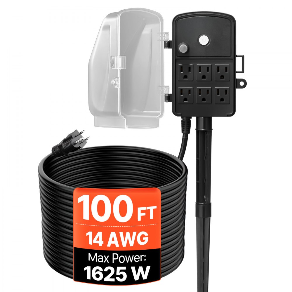 Estaca de enchufes para exteriores VEVOR, cable de extensión de 30 m, resistente a la intemperie, con cubierta y protección contra sobrecargas, 6 tomas de corriente, 13 A/1625 W, estaca de jardín multitoma impermeable para luces navideñas.