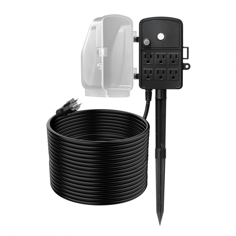 Estaca de enchufes para exteriores VEVOR, cable de extensión de 30 m, resistente a la intemperie, con cubierta y protección contra sobrecargas, 6 tomas de corriente, 13 A/1625 W, estaca de jardín multitoma impermeable para luces navideñas.