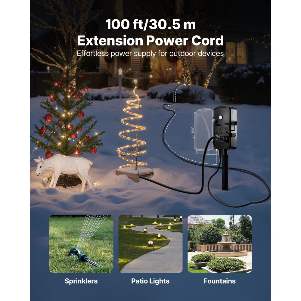 Estaca de enchufes para exteriores VEVOR, cable de extensión de 30 m, resistente a la intemperie, con cubierta y protección contra sobrecargas, 6 tomas de corriente, 13 A/1625 W, estaca de jardín multitoma impermeable para luces navideñas.
