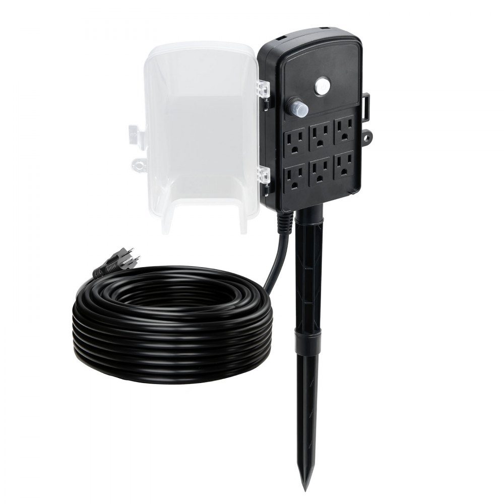 Estaca de enchufes para exteriores VEVOR, cable de extensión de 30 m, resistente a la intemperie, con cubierta y protección contra sobrecargas, 6 tomas de corriente, 13 A/1625 W, estaca de jardín multitoma impermeable para luces navideñas.