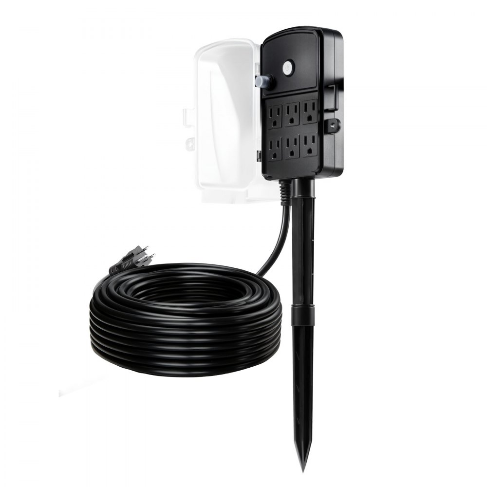 Estaca de enchufes para exteriores VEVOR, cable de extensión de 30 m, resistente a la intemperie, con cubierta y protección contra sobrecargas, 6 tomas de corriente, 13 A/1625 W, estaca de jardín multitoma impermeable para luces navideñas.
