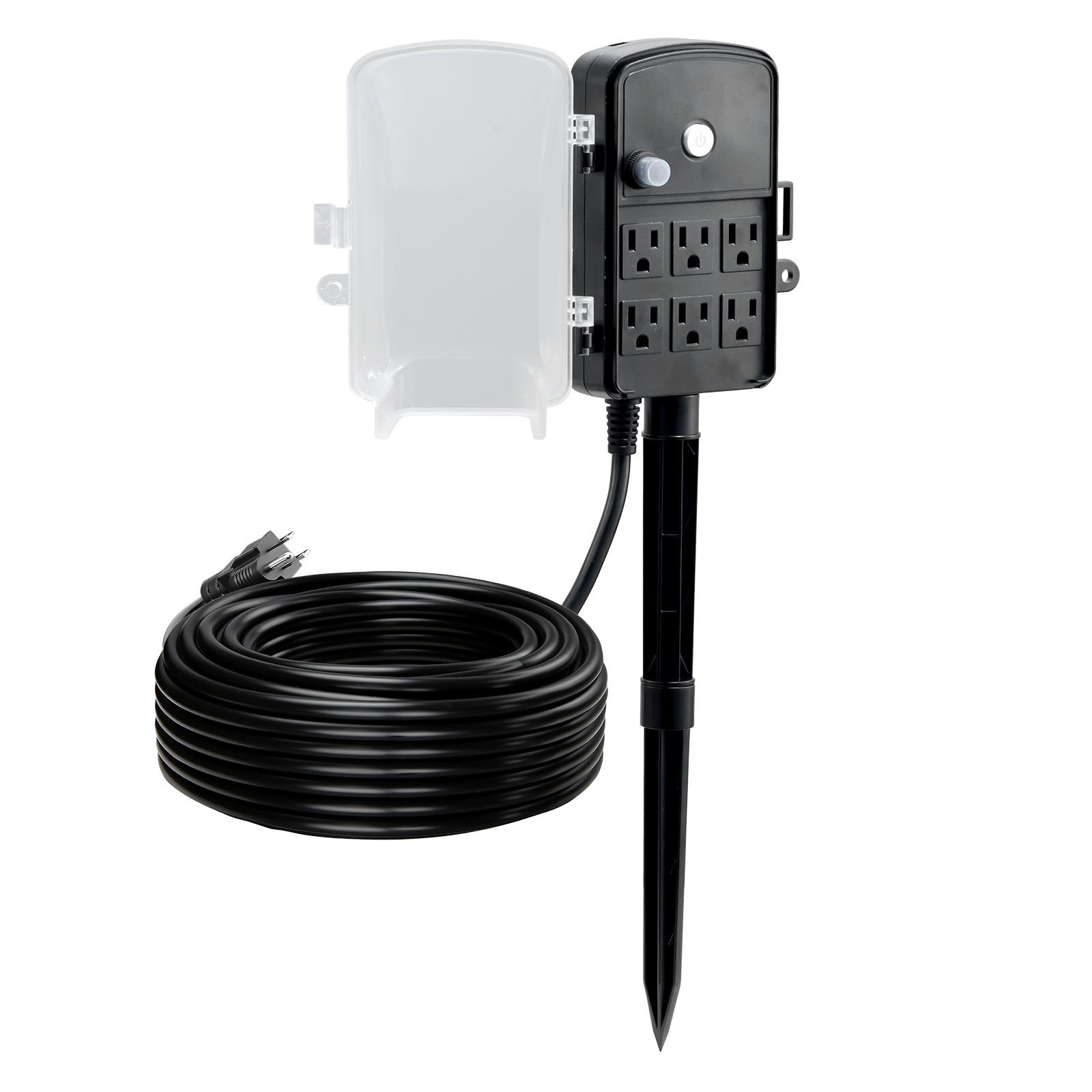 Estaca de enchufes para exteriores VEVOR, cable de extensión de 30 m, resistente a la intemperie, con cubierta y protección contra sobrecargas, 6 tomas de corriente, 13 A/1625 W, estaca de jardín multitoma impermeable para luces navideñas.