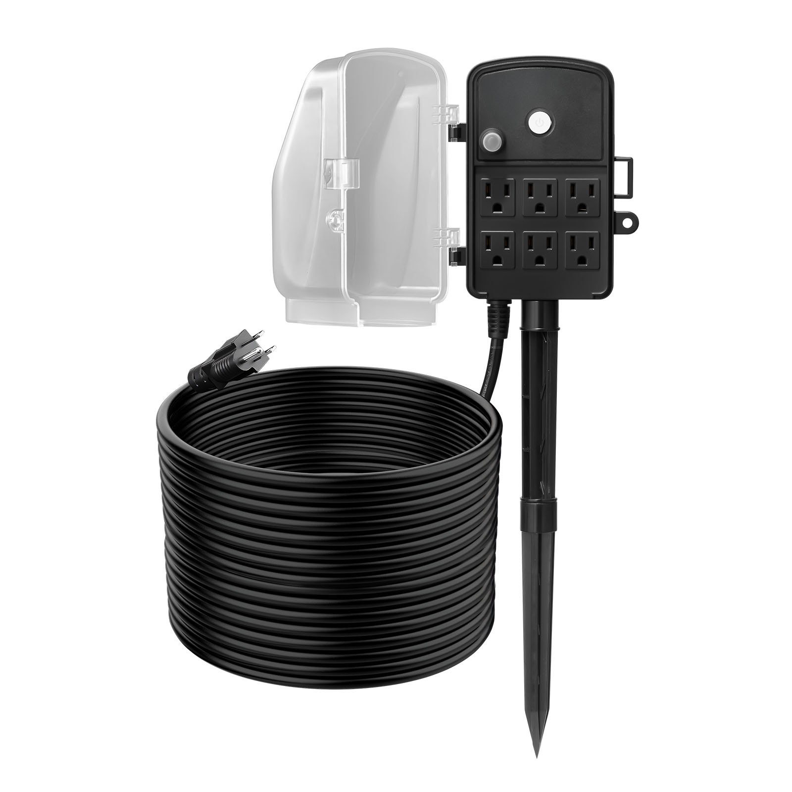 Estaca de enchufes para exteriores VEVOR, cable de extensión de 30 m, resistente a la intemperie, con cubierta y protección contra sobrecargas, 6 tomas de corriente, 13 A/1625 W, estaca de jardín multitoma impermeable para luces navideñas.