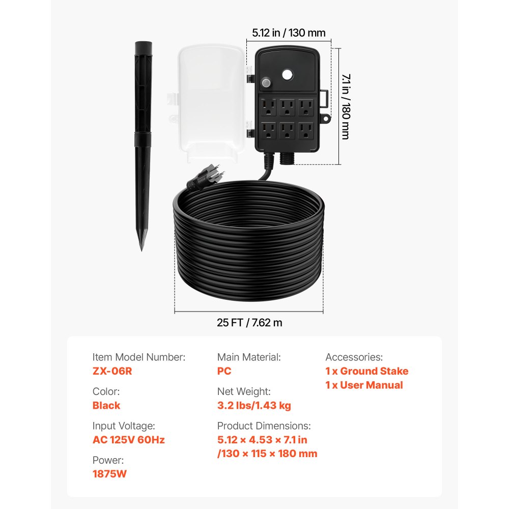 Estaca de enchufes para exteriores VEVOR, cable de extensión de 7,6 m, resistente a la intemperie, con cubierta y protección contra sobrecargas, 6 tomas de corriente, 15 A/1875 W, estaca de jardín multitoma impermeable para luces navideñas