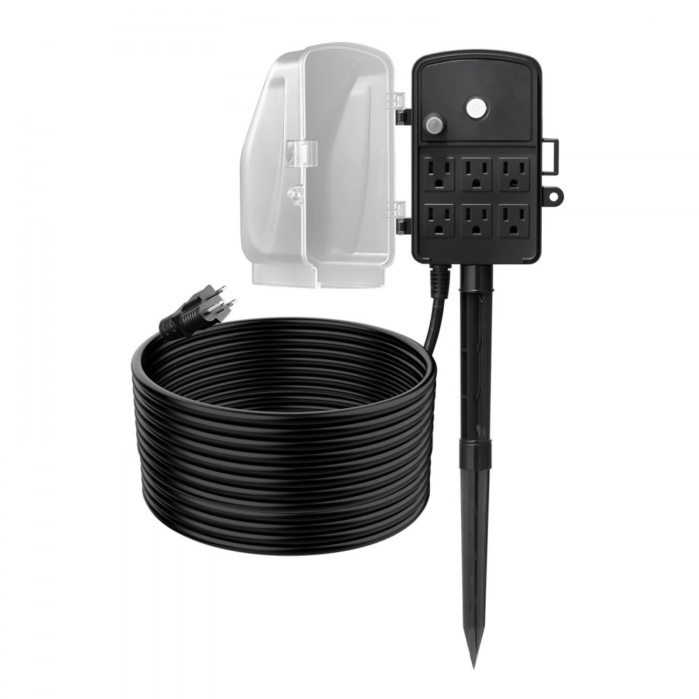 Estaca de enchufes para exteriores VEVOR, cable de extensión de 7,6 m, resistente a la intemperie, con cubierta y protección contra sobrecargas, 6 tomas de corriente, 15 A/1875 W, estaca de jardín multitoma impermeable para luces navideñas