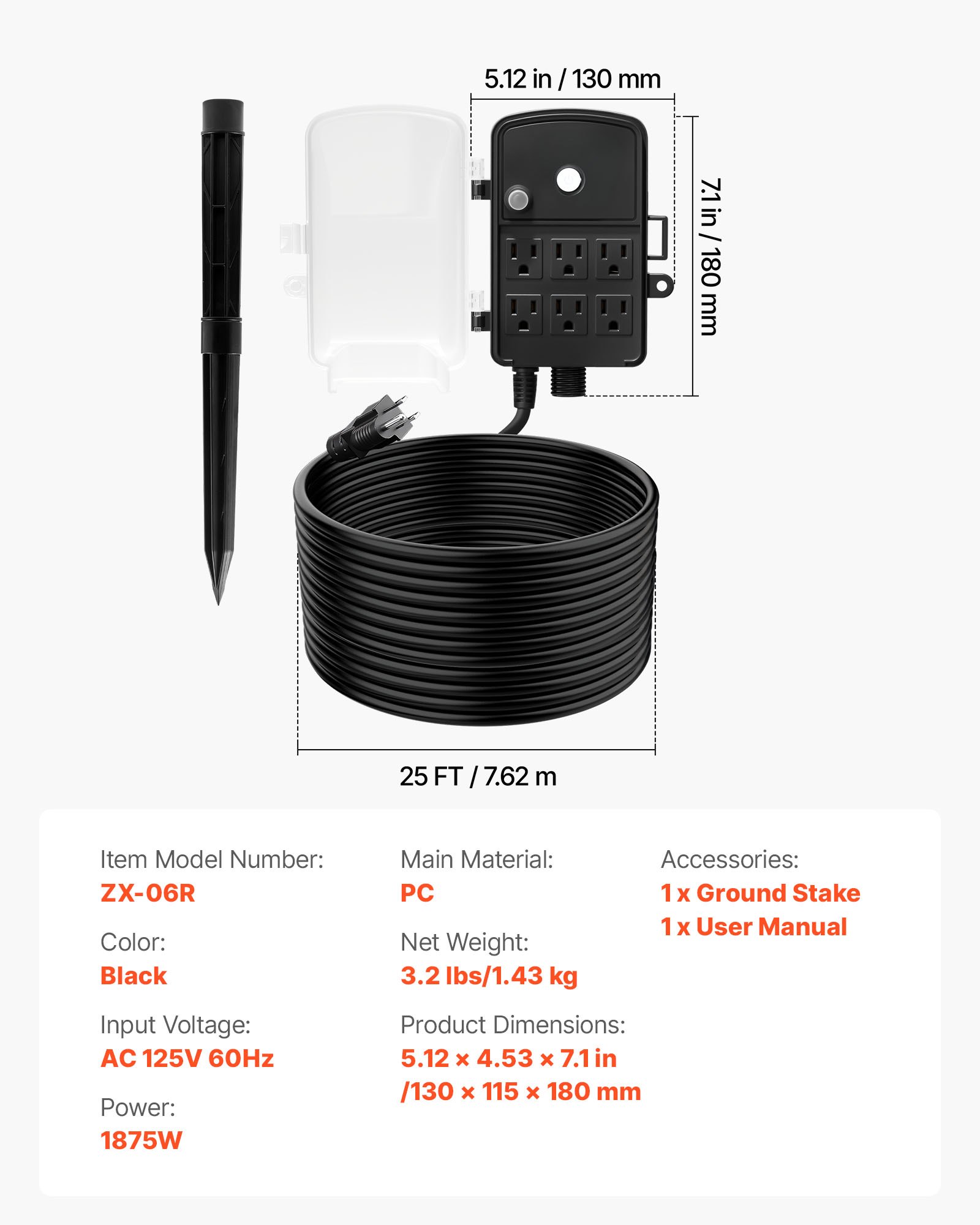 Estaca de enchufes para exteriores VEVOR, cable de extensión de 7,6 m, resistente a la intemperie, con cubierta y protección contra sobrecargas, 6 tomas de corriente, 15 A/1875 W, estaca de jardín multitoma impermeable para luces navideñas
