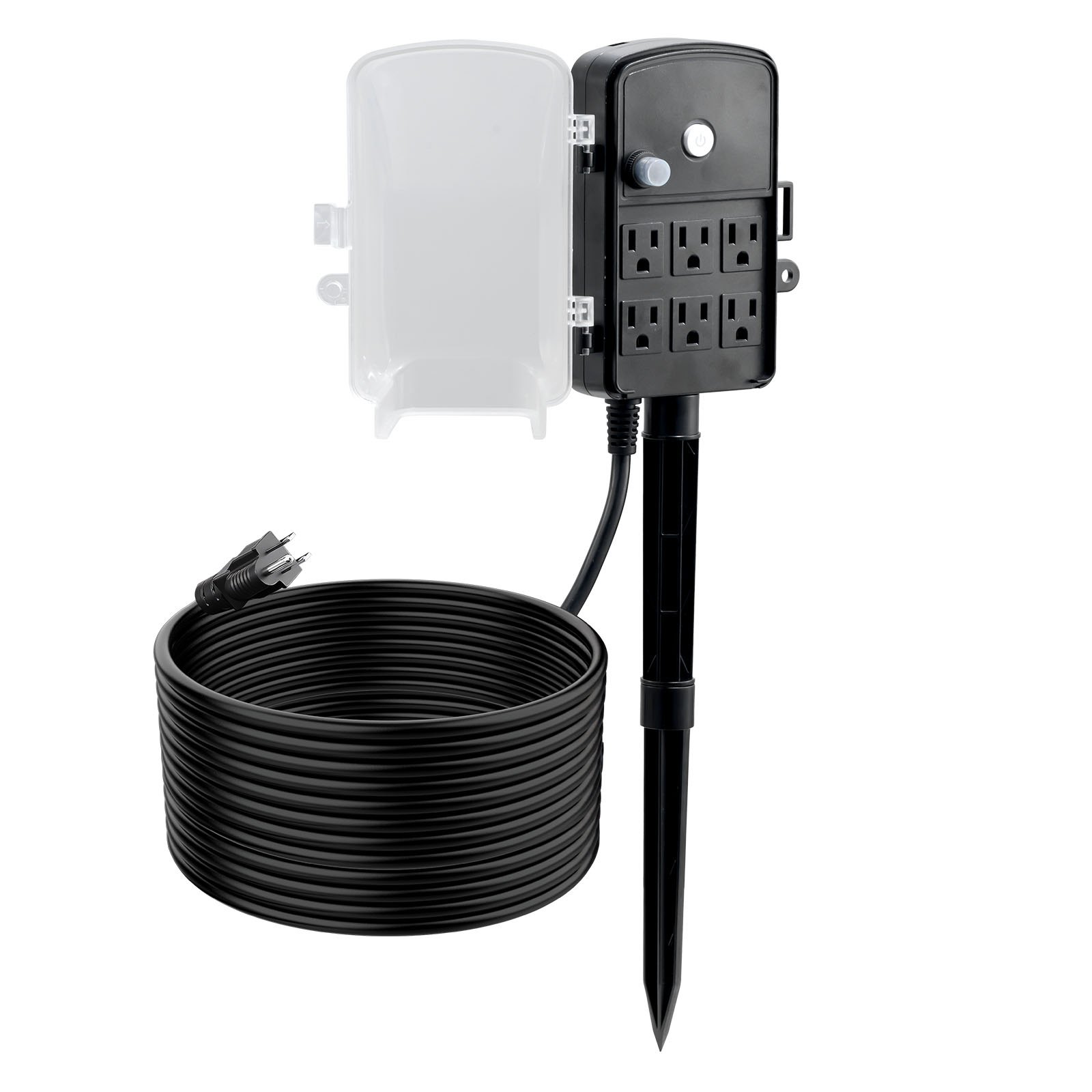 Estaca de enchufes para exteriores VEVOR, cable de extensión de 7,6 m, resistente a la intemperie, con cubierta y protección contra sobrecargas, 6 tomas de corriente, 15 A/1875 W, estaca de jardín multitoma impermeable para luces navideñas