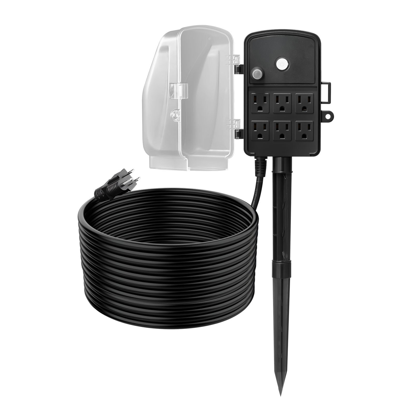 Estaca de enchufes para exteriores VEVOR, cable de extensión de 7,6 m, resistente a la intemperie, con cubierta y protección contra sobrecargas, 6 tomas de corriente, 15 A/1875 W, estaca de jardín multitoma impermeable para luces navideñas