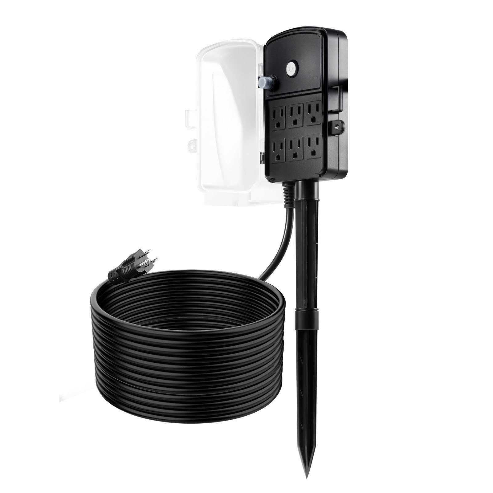 Estaca de enchufes para exteriores VEVOR, cable de extensión de 7,6 m, resistente a la intemperie, con cubierta y protección contra sobrecargas, 6 tomas de corriente, 15 A/1875 W, estaca de jardín multitoma impermeable para luces navideñas