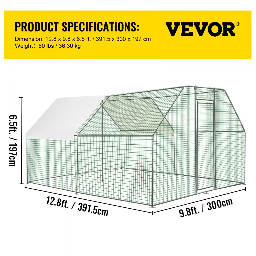 VEVOR - Jaula de metal grande para gallinero, gallinero, gallinero, 12,8 x 9,8 x 6,5 pies