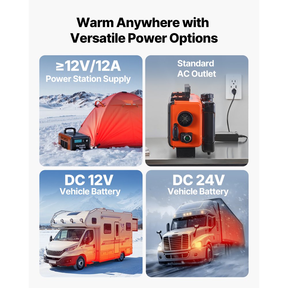 Calefactor diésel VEVOR, 8 kW, 12 V/24 V CC, calefactor de aire diésel portátil todo en uno con control remoto y pantalla LCD, calentamiento rápido y silencioso, tanque de combustible de 1,2 galones para camiones, furgonetas, autocaravanas, caravanas y garajes.