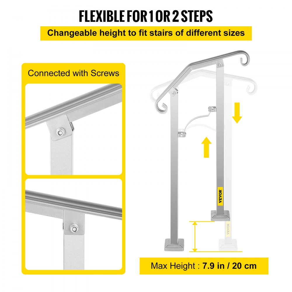 Barandilla de escalera exterior VEVOR, apta para 1 o 2 escalones, pasamanos de metal de aleación, pasamanos de transición flexible para porche delantero, barandilla de escalón arqueado con kit de instalación, para escaleras de hormigón o madera, color plata.