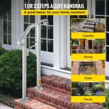 VEVOR Barandilla de escalera para exteriores, barandilla de metal de aleación de 1 o 2 escalones, pasamanos de transición flexible para porche delantero, riel de arco con kit de instalación, para escaleras de concreto o madera, plateado
