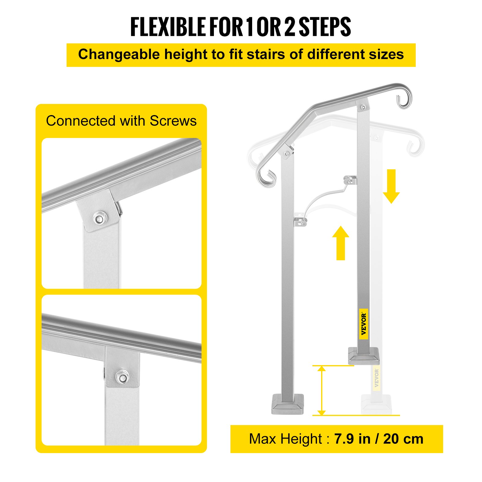 Barandilla de escalera exterior VEVOR, apta para 1 o 2 escalones, pasamanos de metal de aleación, pasamanos de transición flexible para porche delantero, barandilla de escalón arqueado con kit de instalación, para escaleras de hormigón o madera, color plata.