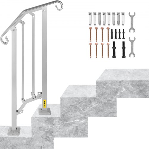 Barandilla de escalera exterior VEVOR, pasamanos de metal de aleación, pasamanos flexible de transición para 1 o 2 escalones, barandilla de escalera exterior con kit de instalación, pasamanos para escaleras de hormigón o madera, color plata.