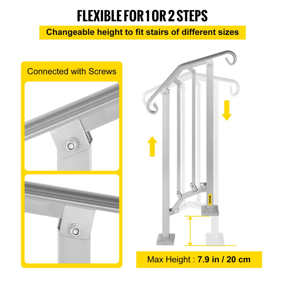 Barandilla de escalera exterior VEVOR, pasamanos de metal de aleación, pasamanos flexible de transición para 1 o 2 escalones, barandilla de escalera exterior con kit de instalación, pasamanos para escaleras de hormigón o madera, color plata.