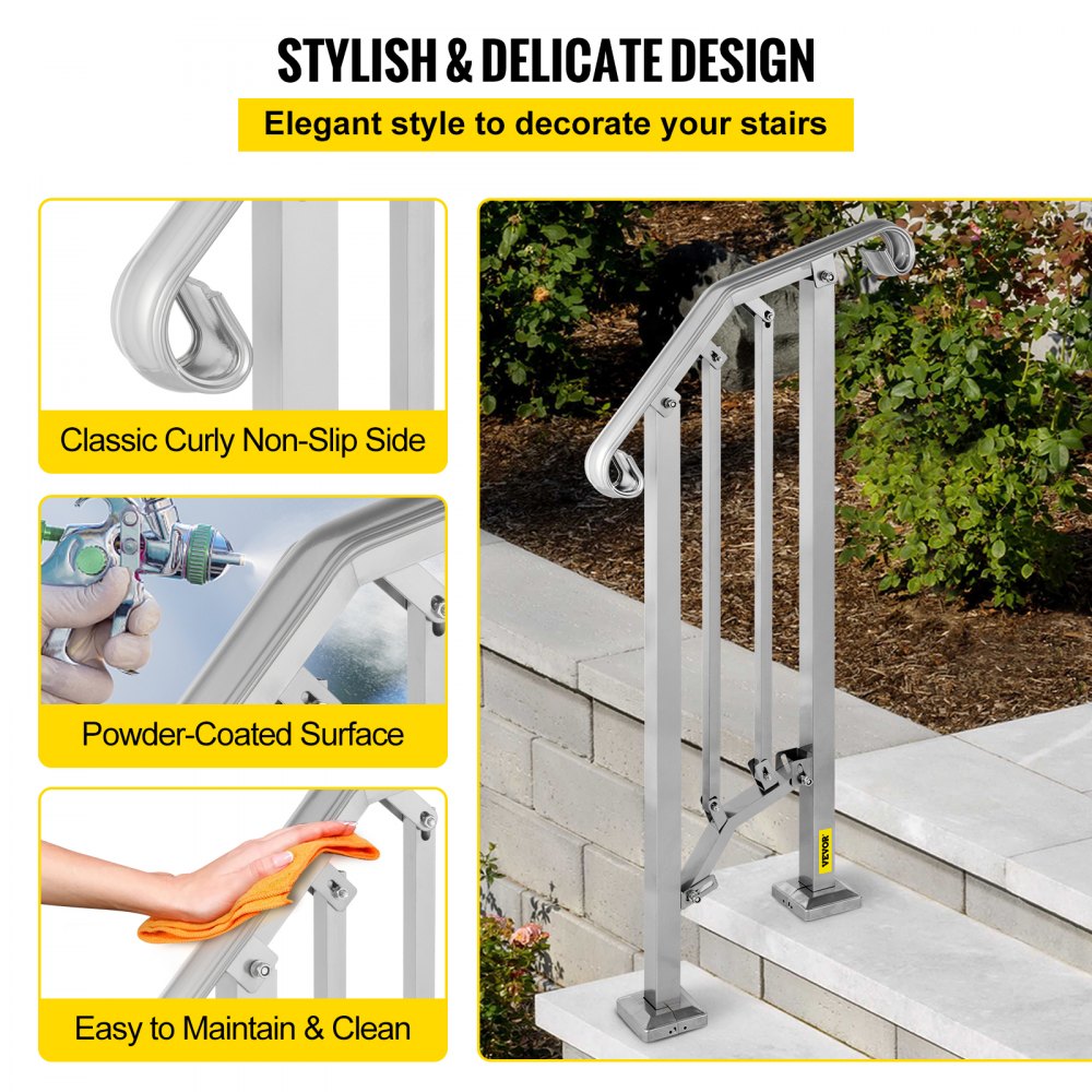 Barandilla de escalera exterior VEVOR, pasamanos de metal de aleación, pasamanos flexible de transición para 1 o 2 escalones, barandilla de escalera exterior con kit de instalación, pasamanos para escaleras de hormigón o madera, color plata.