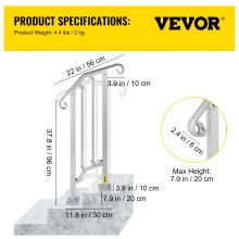 VEVOR Barandilla de escalera para exteriores, barandilla de aleación de metal, pasamanos de transición flexible de 1 o 2 escalones, barandilla de escalera para exteriores con kit de instalación, pasamanos para escaleras de hormigón o madera, plateado