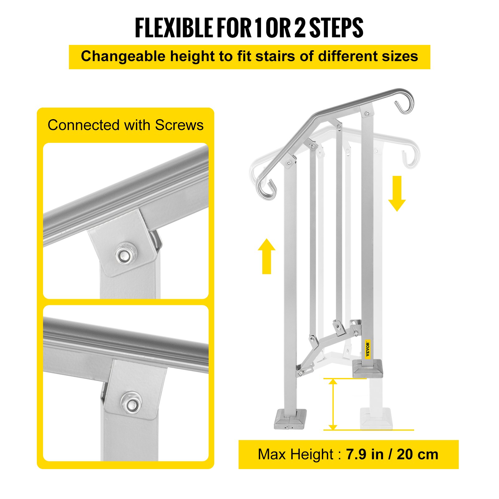 VEVOR - Barandilla de escalera para exterior, de aleación de metal, flexible, para 1 o 2 escalones, con kit de instalación, para escaleras de hormigón o madera, color plateado