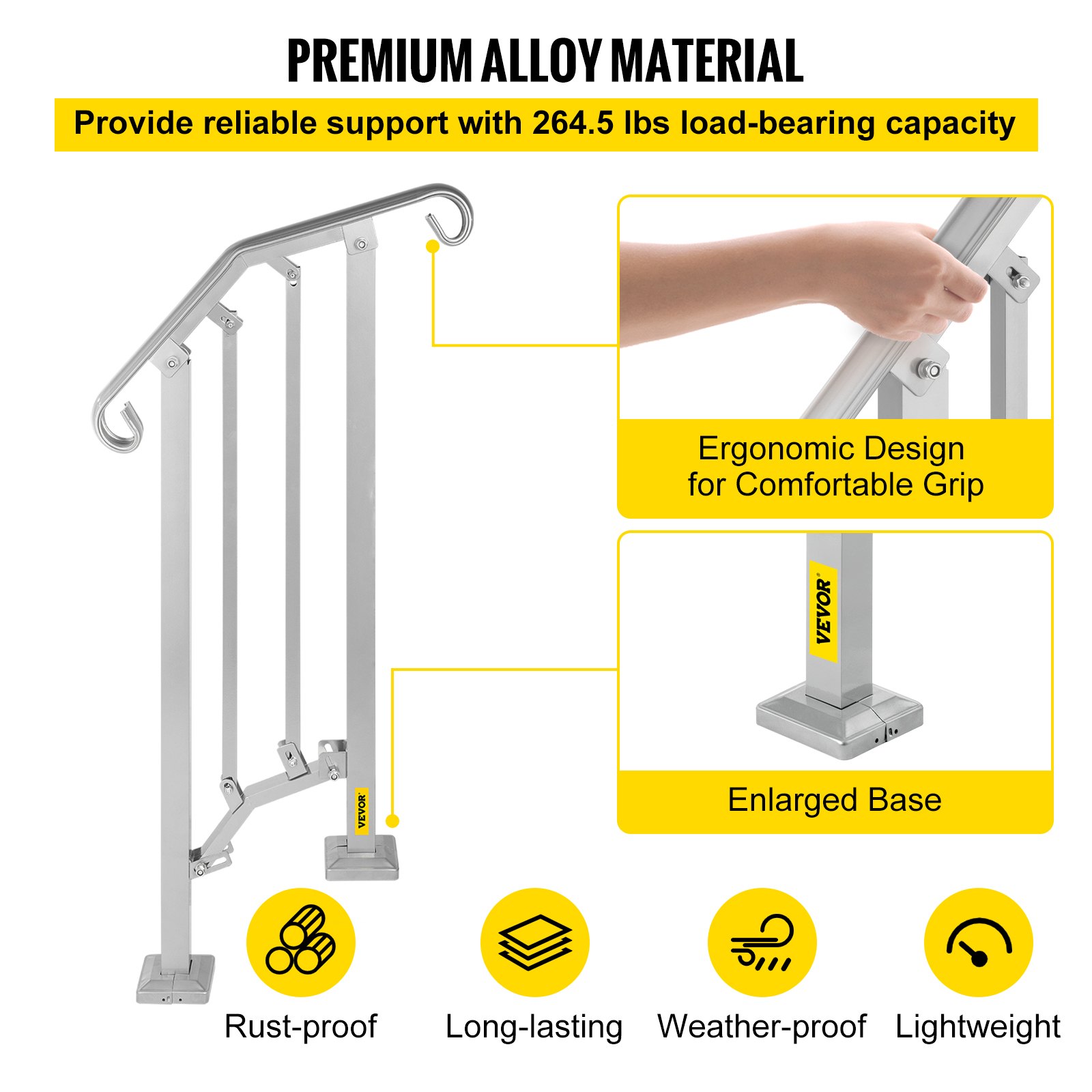 VEVOR - Barandilla de escalera para exterior, de aleación de metal, flexible, para 1 o 2 escalones, con kit de instalación, para escaleras de hormigón o madera, color plateado
