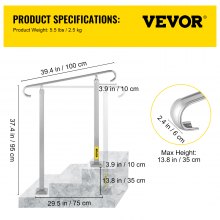 VEVOR Barandilla de escalera para exteriores, barandilla de metal de aleación de 2 o 3 escalones, barandilla de transición flexible para porche delantero, barandilla de paso con kit de instalación, para escaleras de hormigón o madera, color plateado