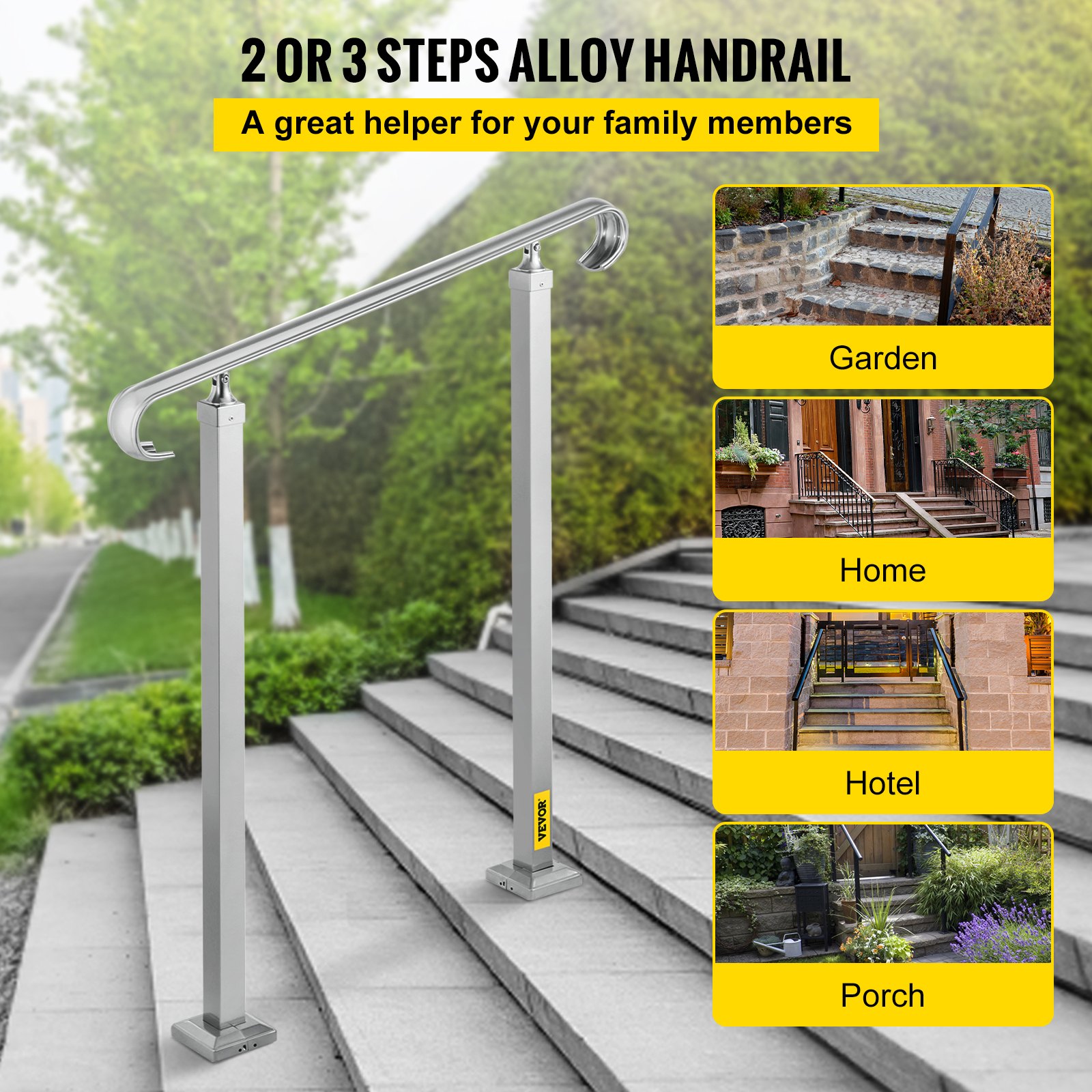 Barandilla de escalera exterior VEVOR, apta para 2 o 3 peldaños, pasamanos de metal de aleación, pasamanos de transición flexible para porche delantero, barandilla de peldaño con columna de soporte con kit de instalación, para escaleras de hormigón o madera, color plata.