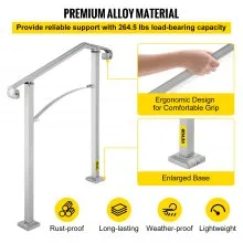 VEVOR Barandilla de escalera para exteriores, pasamanos de aleación de metal de 2 o 3 escalones, pasamanos de transición flexible para porche delantero, riel de arco con kit de instalación, para escaleras de concreto o madera, plateado