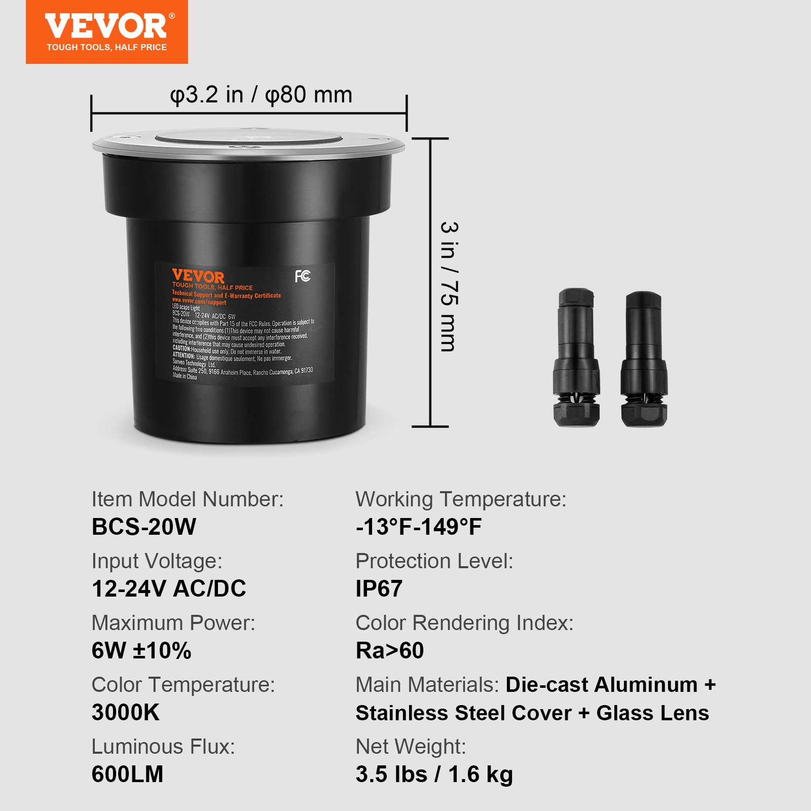 VEVOR Luces de paisaje de bajo voltaje, luces LED para pozo, luz empotrada en el suelo de 6 W, 12 V-24 V, iluminación de paisaje exterior impermeable IP67 con conectores, para luces de camino de jardín, cubierta de entrada (paquete de 6 blanco cálido)