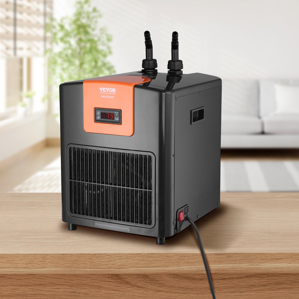 VEVOR Enfriador de acuario Tuspuzz, 92 galones (348 L), 1/4 HP, compresor de refrigeración silencioso para agua de mar y dulce, sistema de enfriamiento para pecera con bomba/manguera, para medusas y arrecifes de coral