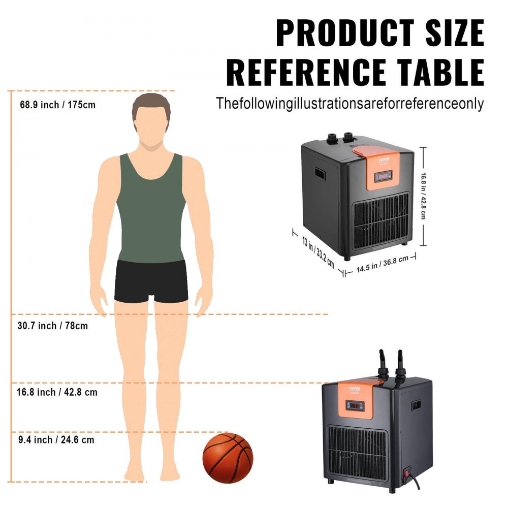 VEVOR Enfriador de acuario Tuspuzz, 92 galones (348 L), 1/4 HP, compresor de refrigeración silencioso para agua de mar y dulce, sistema de enfriamiento para pecera con bomba/manguera, para medusas y arrecifes de coral