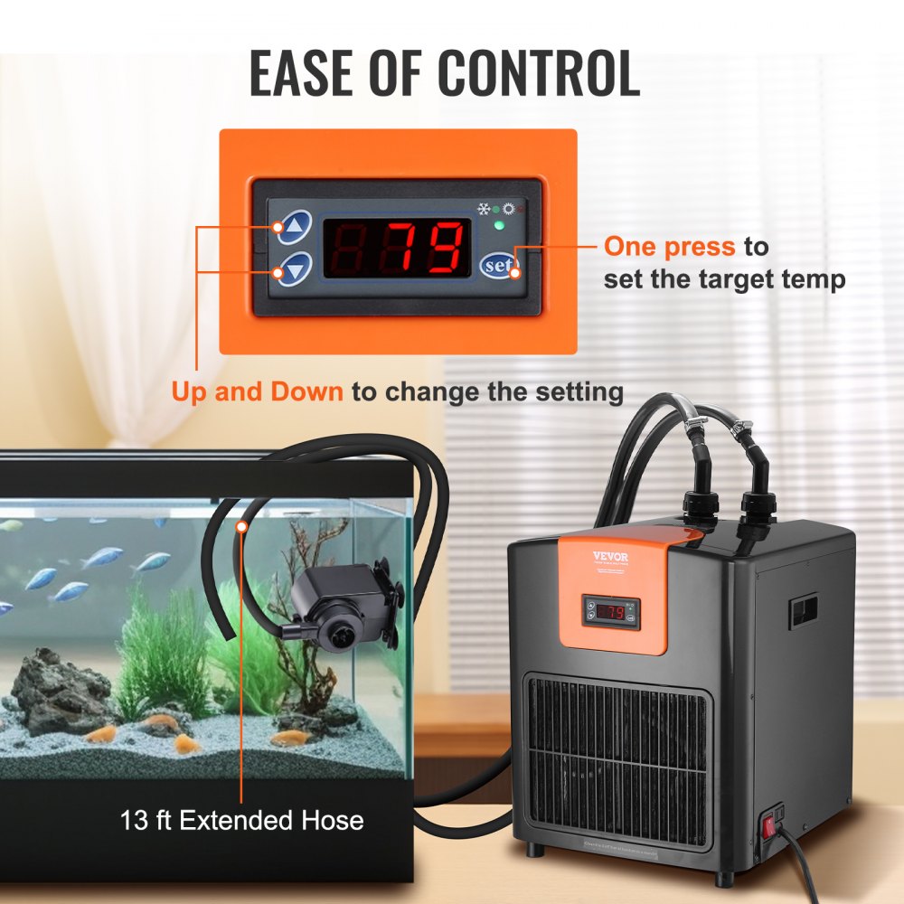 VEVOR Enfriador de acuario Tuspuzz, 92 galones (348 L), 1/4 HP, compresor de refrigeración silencioso para agua de mar y dulce, sistema de enfriamiento para pecera con bomba/manguera, para medusas y arrecifes de coral