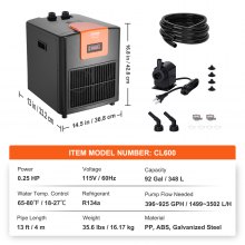 Enfriador de acuario VEVOR, 92 Gal 348 L, enfriador de agua hidropónico de 1/4 HP, compresor de refrigeración silencioso para agua de mar y agua dulce, sistema de enfriamiento de tanque de peces con bomba/manguera, para medusas, arrecifes de coral