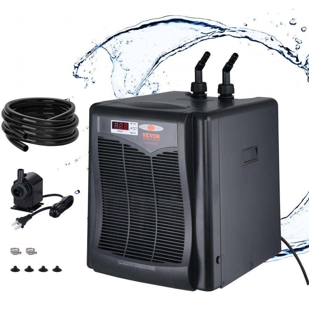 Enfriador de acuario VEVOR, 110 Gal 416 L, enfriador de agua hidropónico de 1/3 HP, compresor de refrigeración silencioso para agua de mar y agua dulce, sistema de enfriamiento de tanque de peces con bomba/manguera, para medusas, arrecifes de coral