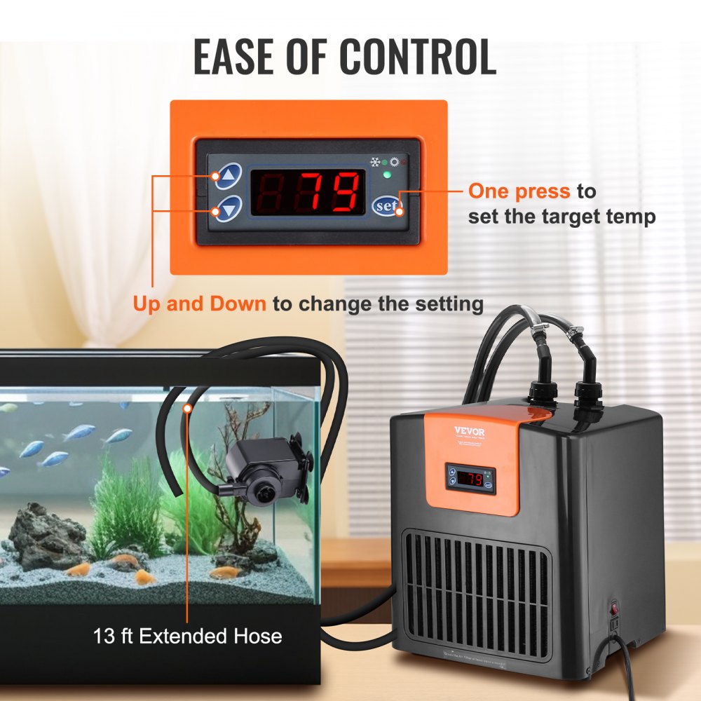 Enfriador de acuario VEVOR, 52 Gal 196 L, enfriador de agua hidropónico de 1/10 HP, compresor de refrigeración silencioso para agua de mar y agua dulce, sistema de enfriamiento de tanque de peces con bomba/manguera, para medusas, arrecifes de coral