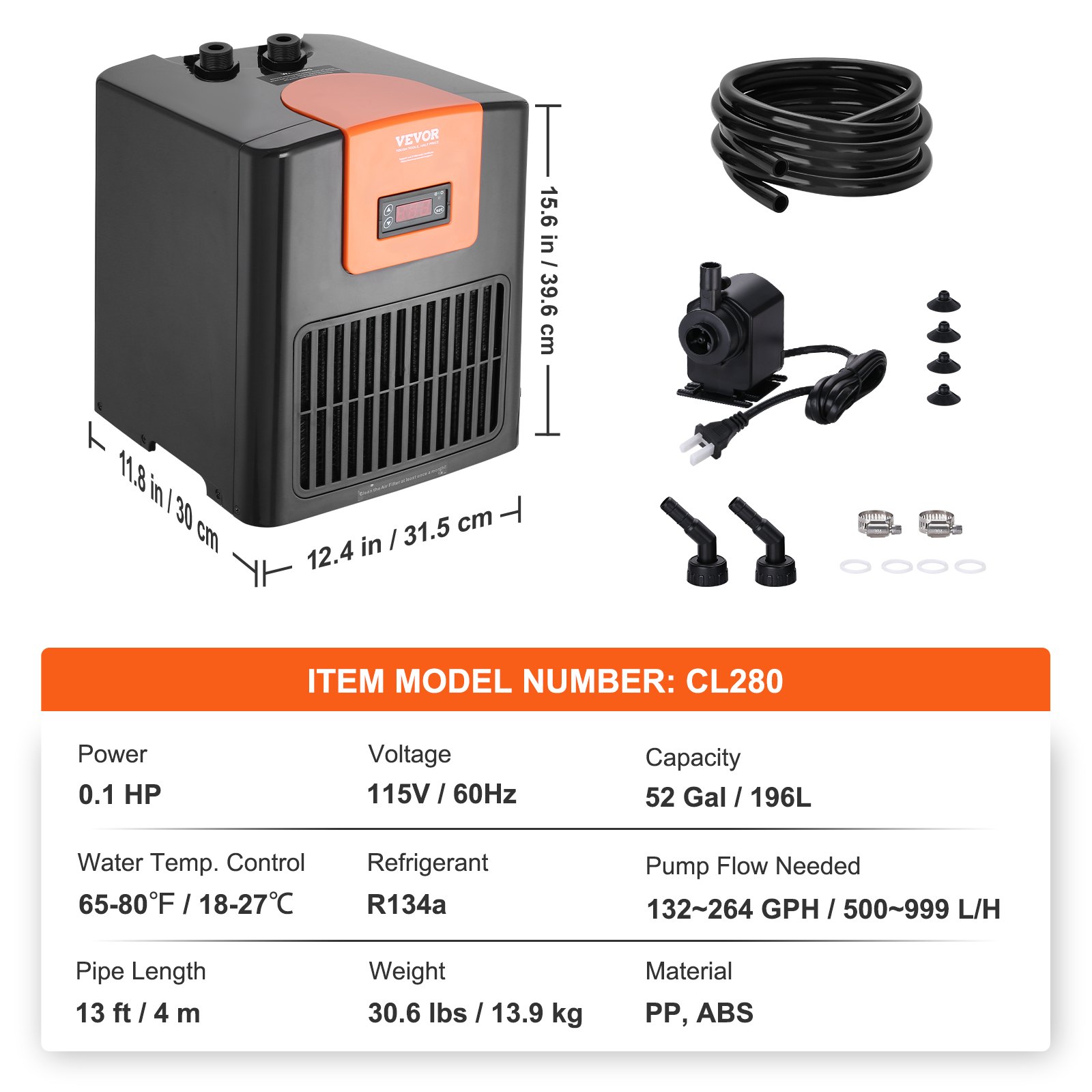 Enfriador de acuario VEVOR, 52 Gal 196 L, enfriador de agua hidropónico de 1/10 HP, compresor de refrigeración silencioso para agua de mar y agua dulce, sistema de enfriamiento de tanque de peces con bomba/manguera, para medusas, arrecifes de coral