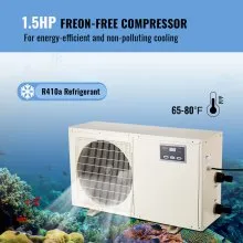 VEVOR Enfriador de Acuario, 500 Gal 1892 L, 1.5 HP Enfriador de Agua Hidropónico, Compresor de Refrigeración Silencioso para Agua de Mar y Agua Dulce, Sistema de Enfriamiento de Tanque de Peces con Bomba/Manguera, para Medusas, Arrecife de Coral