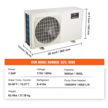 VEVOR Enfriador de Acuario, 500 Gal 1892 L, 1.5 HP Enfriador de Agua Hidropónico, Compresor de Refrigeración Silencioso para Agua de Mar y Agua Dulce, Sistema de Enfriamiento de Tanque de Peces con Bomba/Manguera, para Medusas, Arrecife de Coral