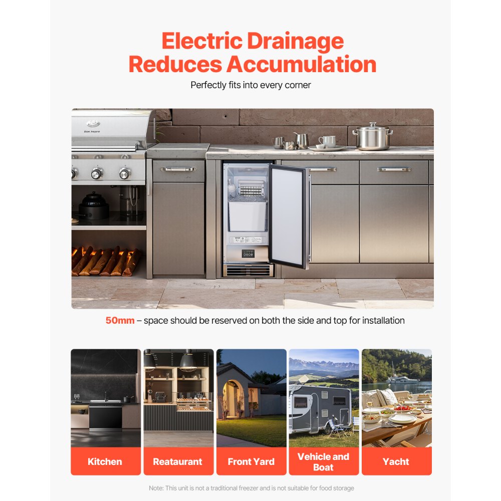 Máquina de hielo empotrable bajo mostrador VEVOR, 22.7 kg/día, con puerta reversible, de acero inoxidable. Ideal para restaurantes, cocinas exteriores, terrazas y piscinas.