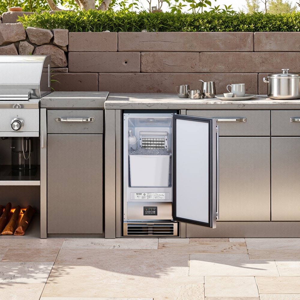 Máquina de hielo empotrable bajo mostrador VEVOR, 22.7 kg/día, con puerta reversible, de acero inoxidable. Ideal para restaurantes, cocinas exteriores, terrazas y piscinas.