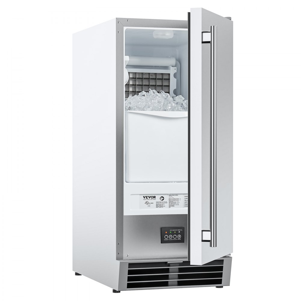 Máquina de hielo empotrable bajo mostrador VEVOR, 22.7 kg/día, con puerta reversible, de acero inoxidable. Ideal para restaurantes, cocinas exteriores, terrazas y piscinas.