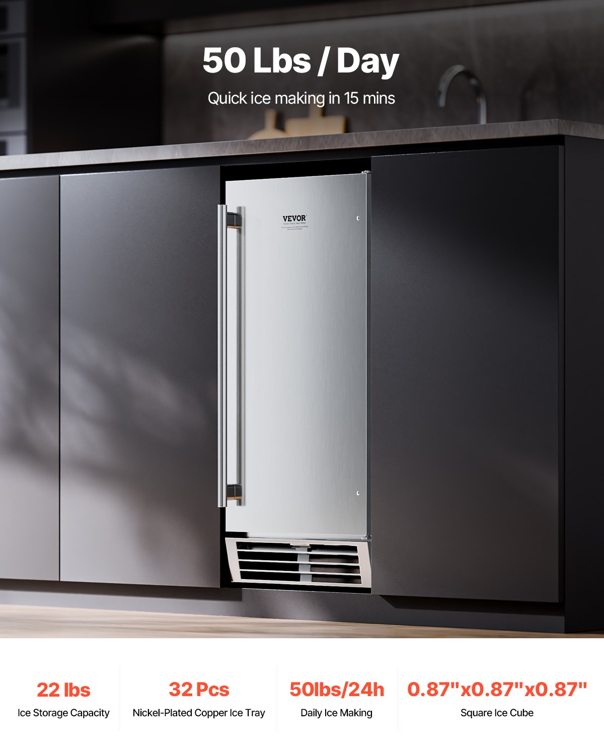 Máquina de hielo empotrable bajo mostrador VEVOR, 22.7 kg/día, con puerta reversible, de acero inoxidable. Ideal para restaurantes, cocinas exteriores, terrazas y piscinas.