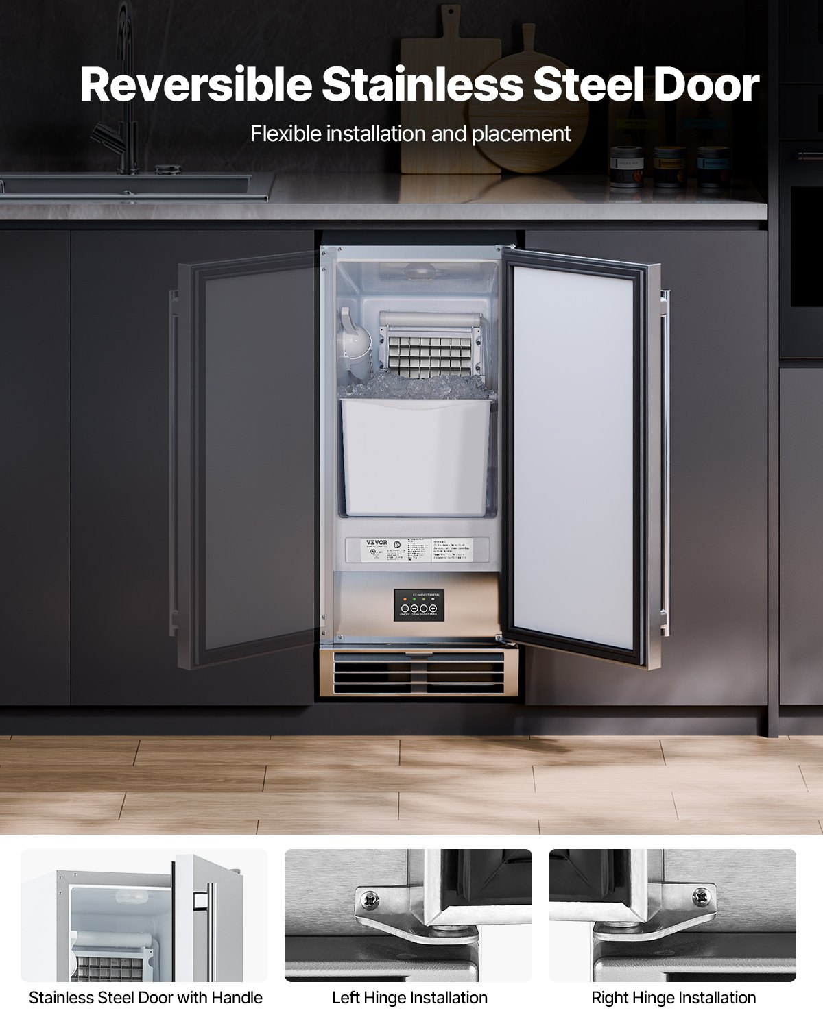 Máquina de hielo empotrable bajo mostrador VEVOR, 22.7 kg/día, con puerta reversible, de acero inoxidable. Ideal para restaurantes, cocinas exteriores, terrazas y piscinas.