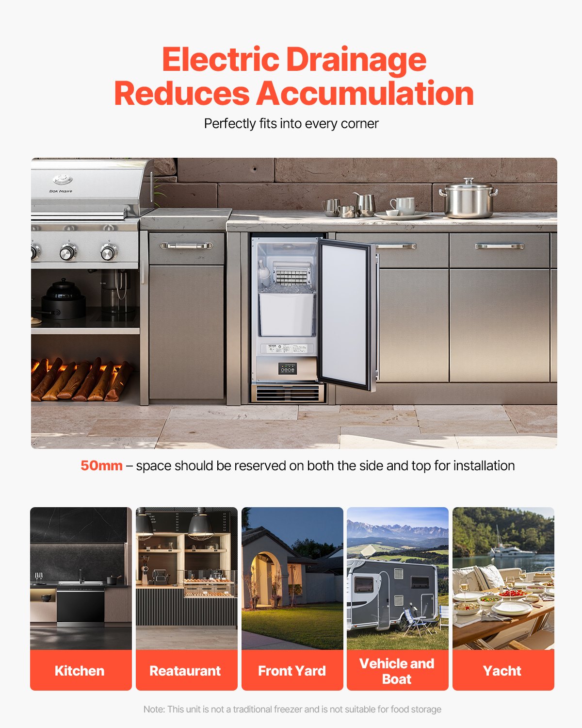 Máquina de hielo empotrable bajo mostrador VEVOR, 22.7 kg/día, con puerta reversible, de acero inoxidable. Ideal para restaurantes, cocinas exteriores, terrazas y piscinas.