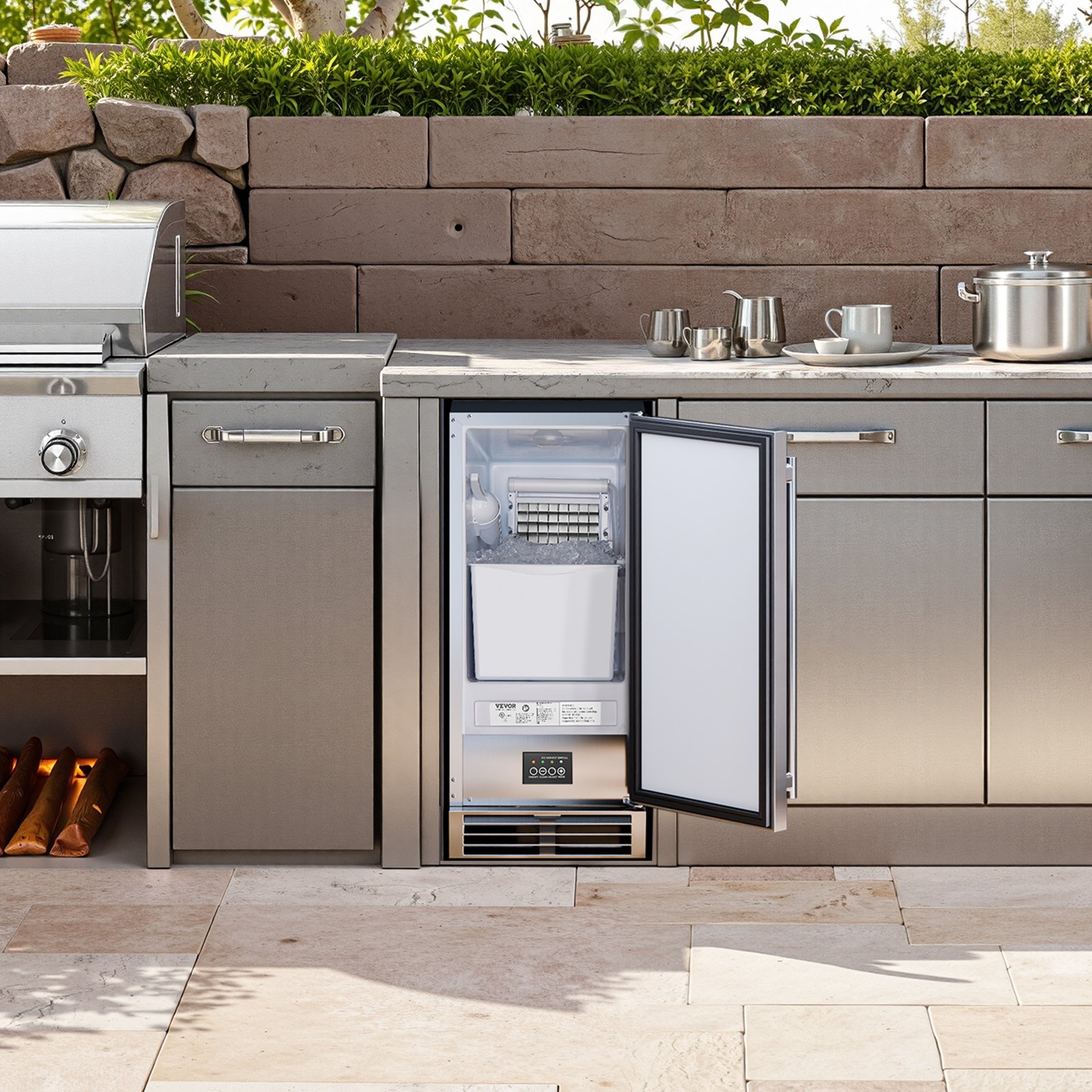 Máquina de hielo empotrable bajo mostrador VEVOR, 22.7 kg/día, con puerta reversible, de acero inoxidable. Ideal para restaurantes, cocinas exteriores, terrazas y piscinas.