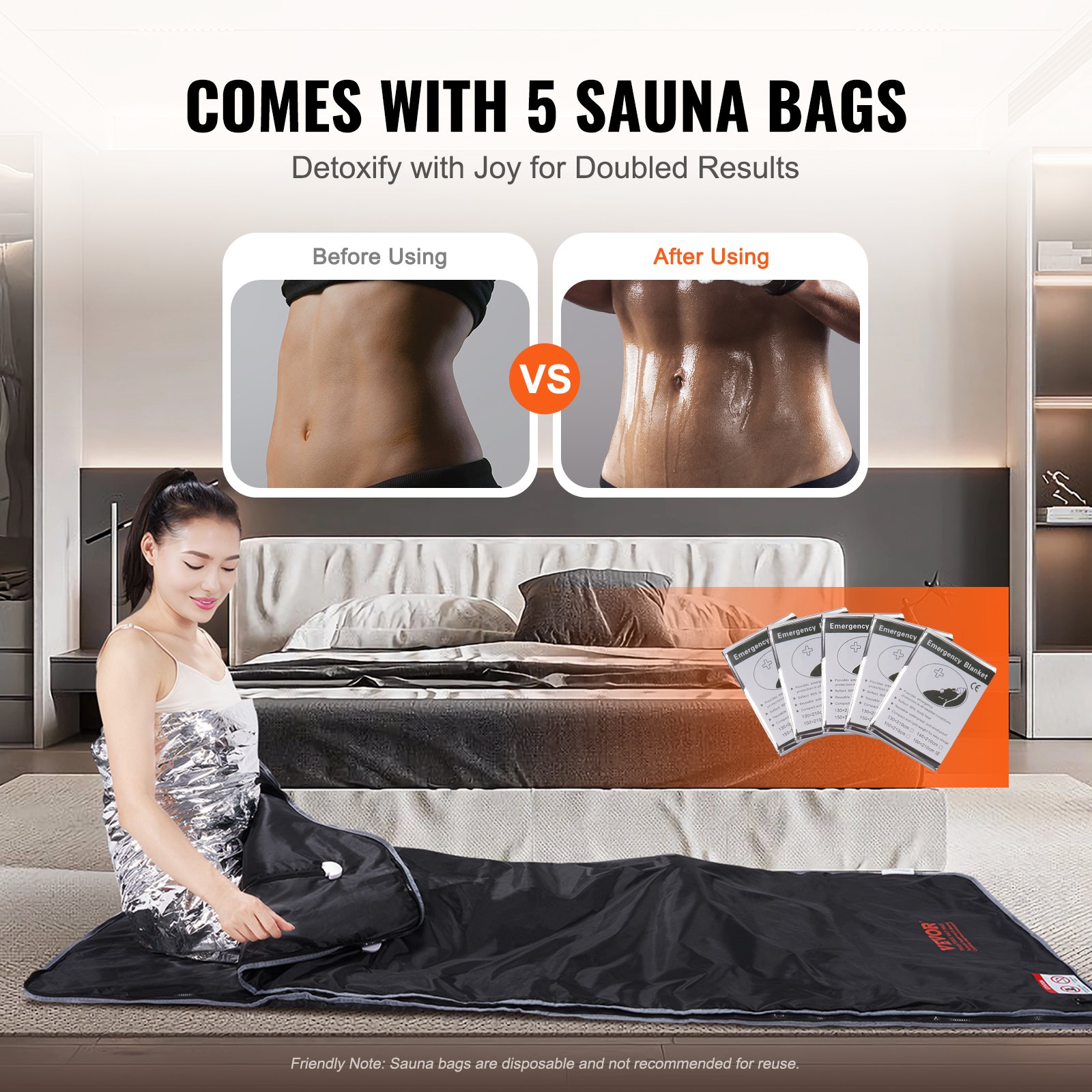 Manta de sauna VEVOR con 5 bolsas de sauna desechables para una desintoxicación eficaz y resultados visibles.