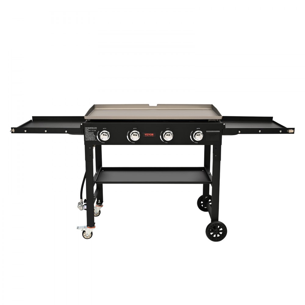Plancha comercial VEVOR con carrito, plancha plana manual resistente de 91 cm, estación de cocina para exteriores con estantes laterales, plancha de acero a gas propano, 4 quemadores, portátil para restaurante, probada según las normas.